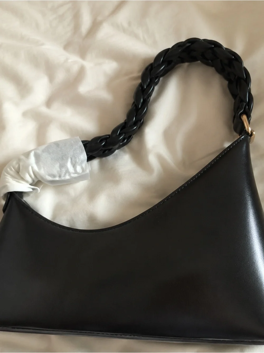 Black Braided-Handle Shoulder Bag with Gold Accents